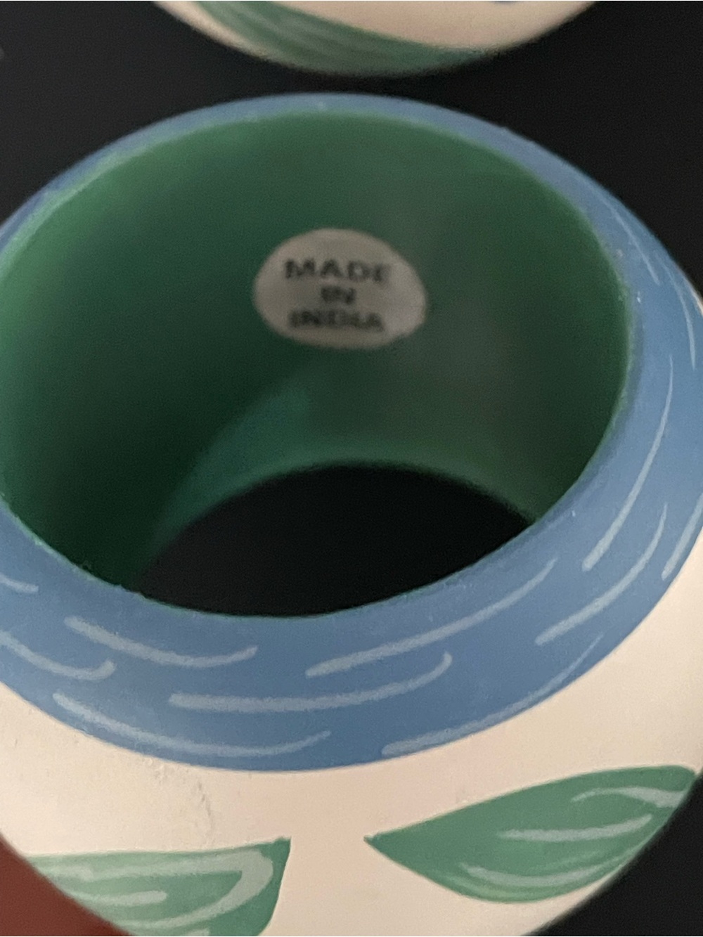 Hand-Painted Round Napkin Ring Holders  in Green and Blue - Set of 4 - Picture 2 of 3